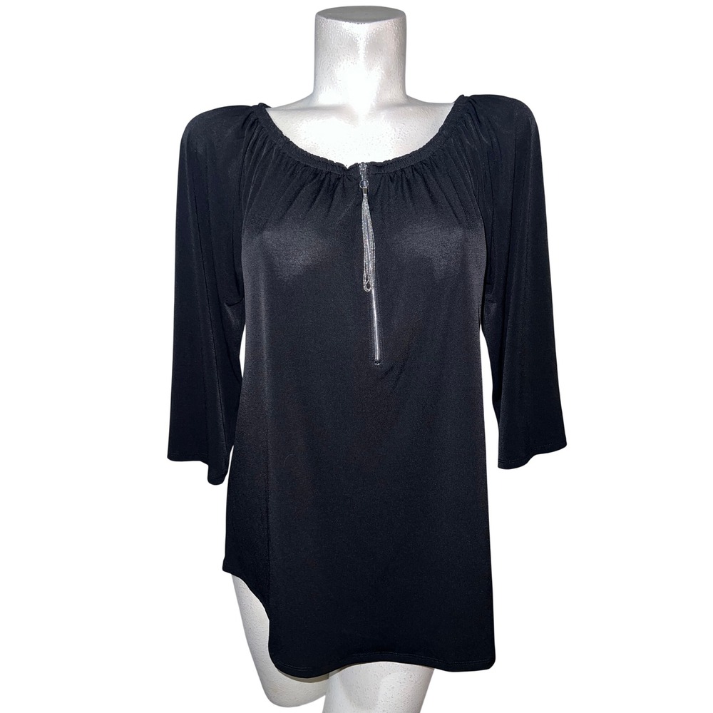 Chicos Top Solid Black Tassel Zip Neck Blouse 3/4 Sleeve Stretch Size M (1)